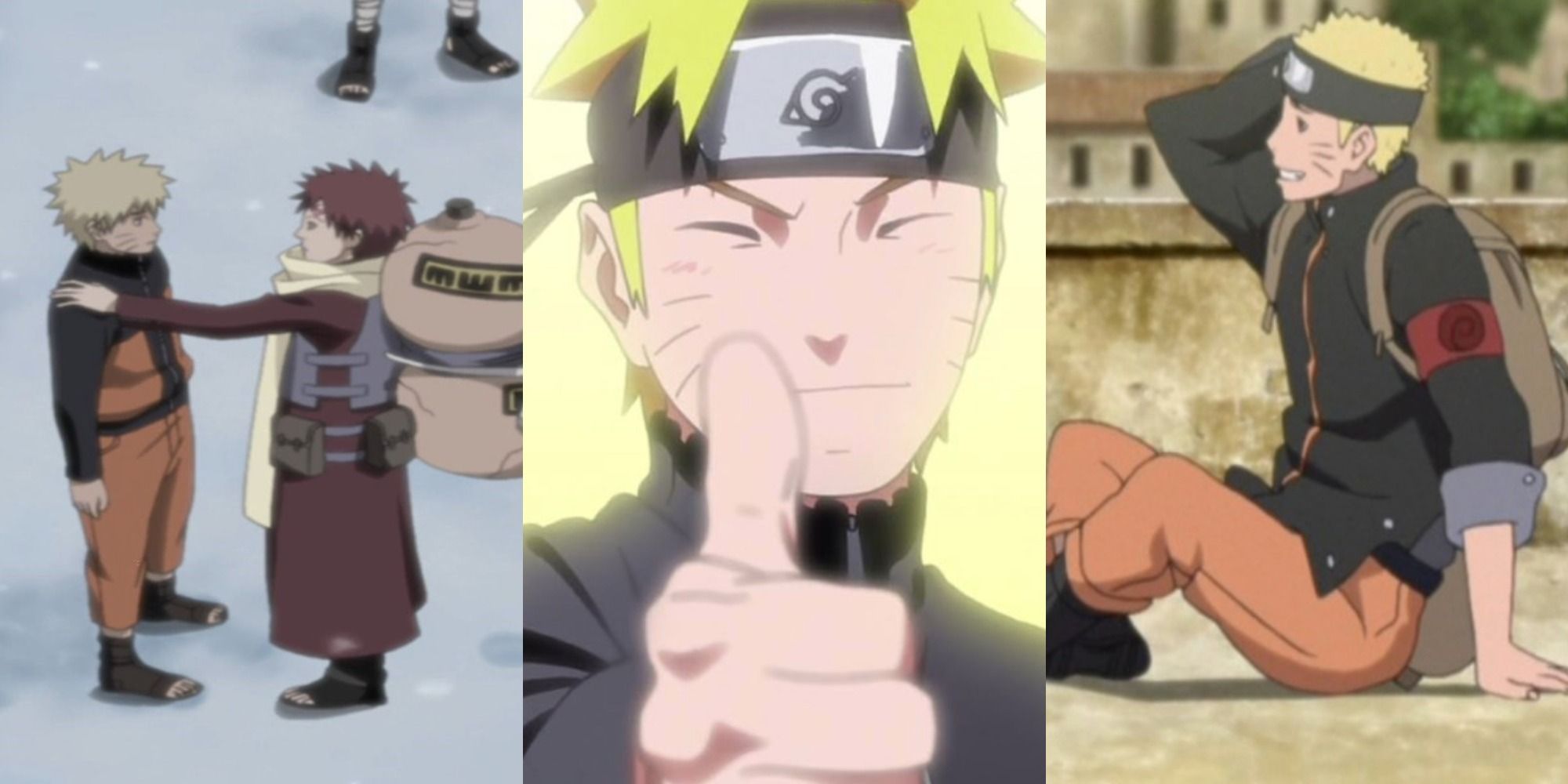 Side by side images of Naruto with a hand on his shoulder, giving a thumbs up and sitting down