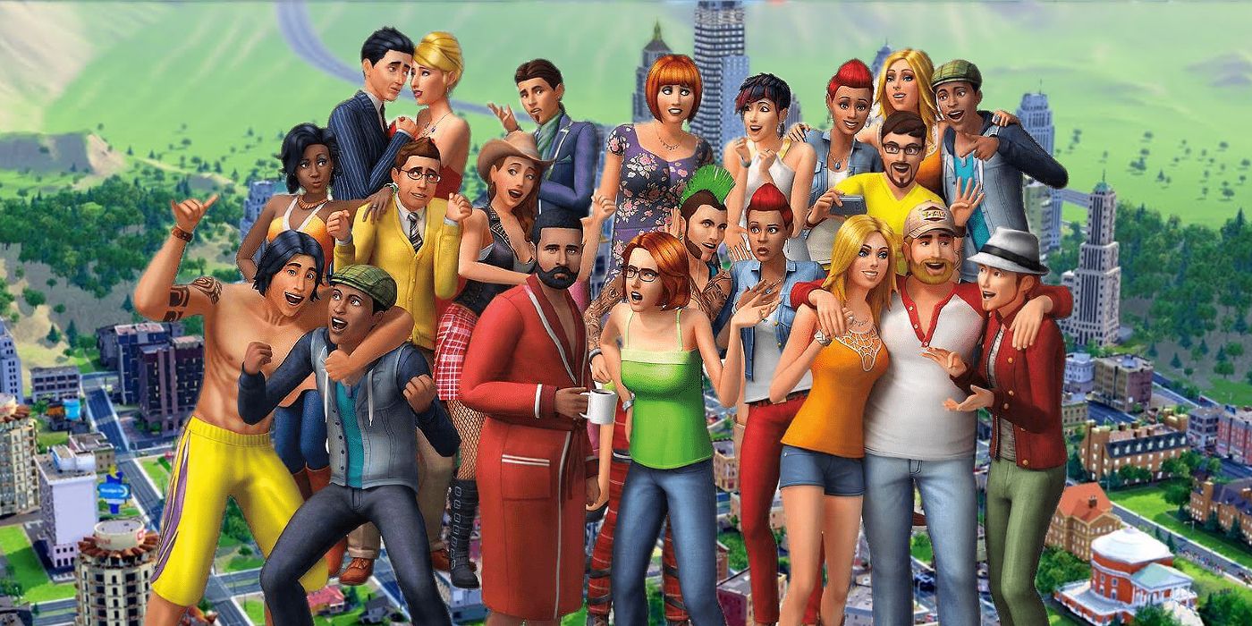 A large group of Sims posing for the camera in front of a SimCity background showing a skyline.