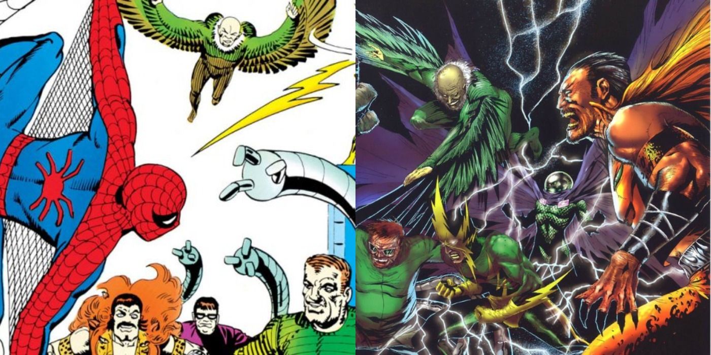 Split image of Sinister Six from first appearance in modern version from Marvel comics