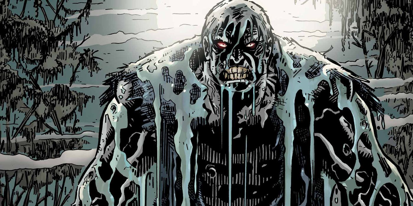 Solomon Grundy rising from the swamp in a DC comic.