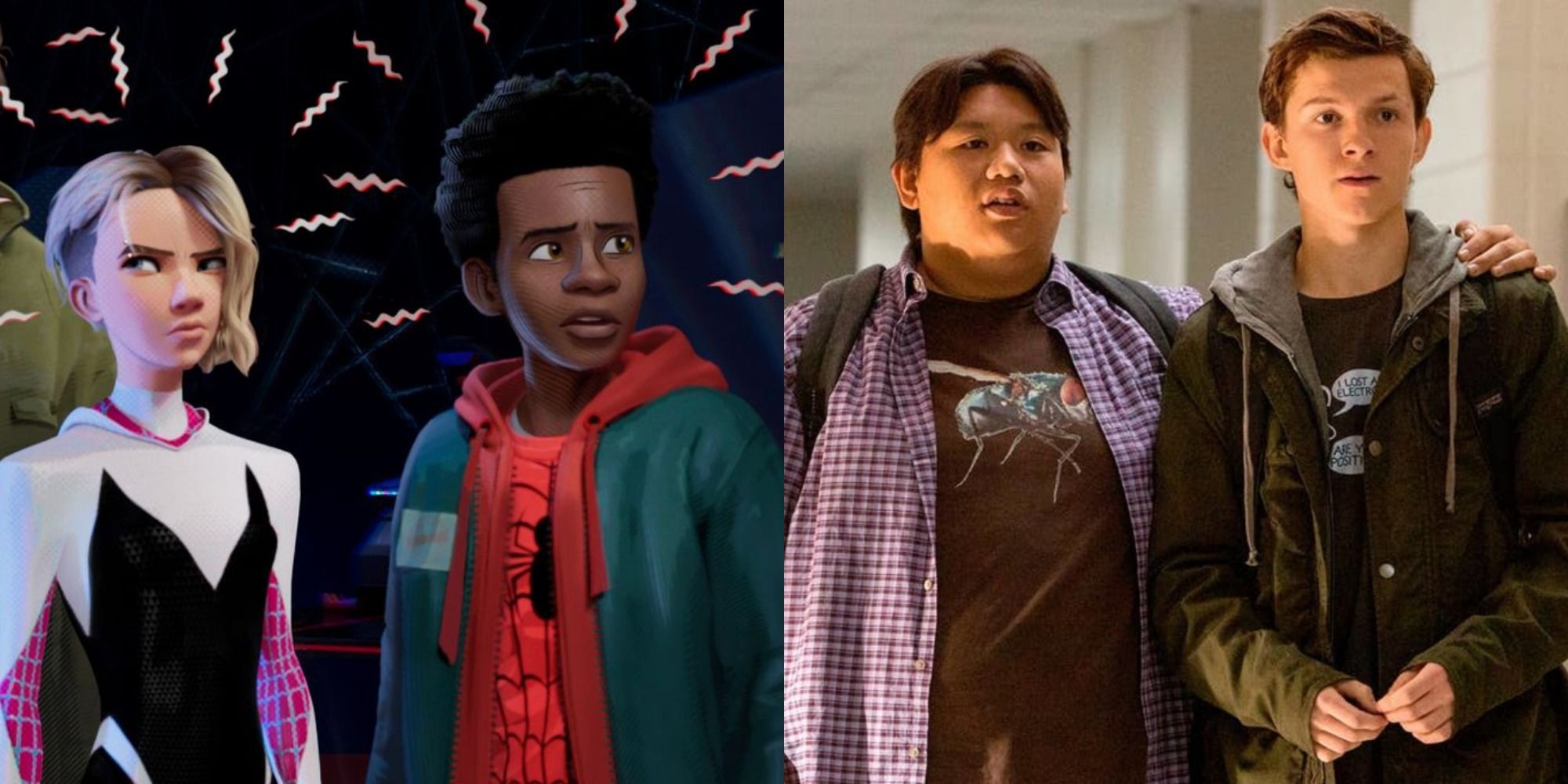Split image of Gwen and Miles in Spider-Verse and Ned with Peter in Homecoming