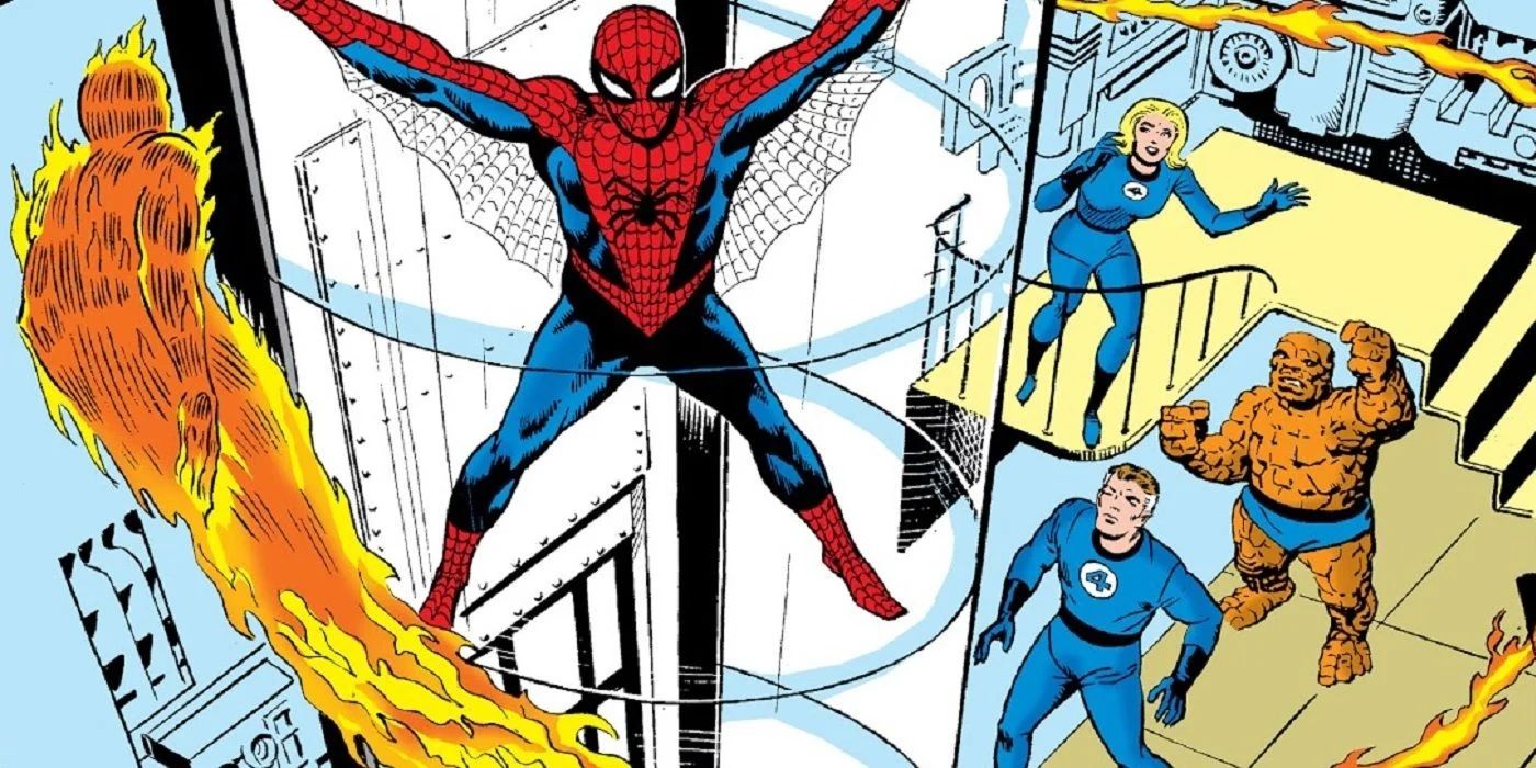 Spider-Man and the Fantastic Four from the cover of The Amazing Spider-Man #1.