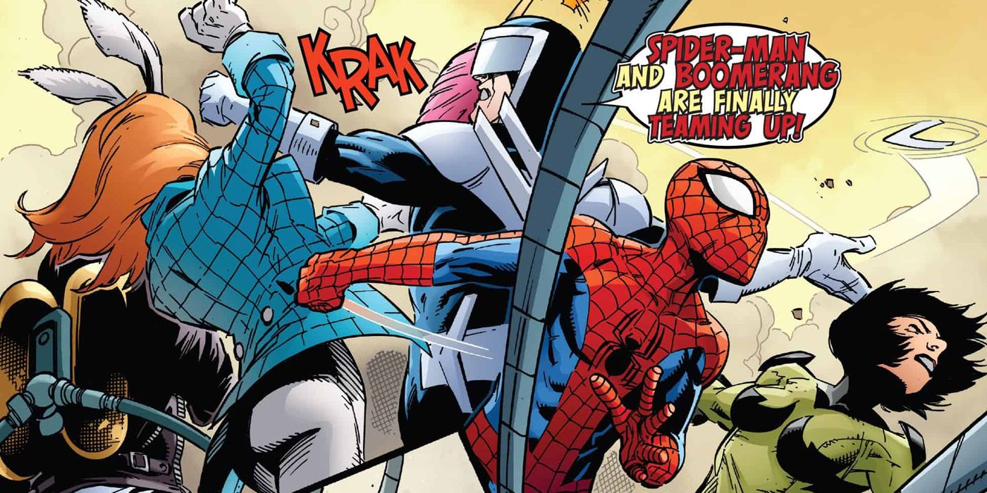 Spider-Man fighting side by side with Boomerang in Marvel Comics.