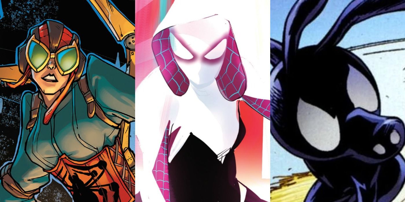 Split image of Lady Spider, Spider-Gwen, and May Porker from Marvel Comics