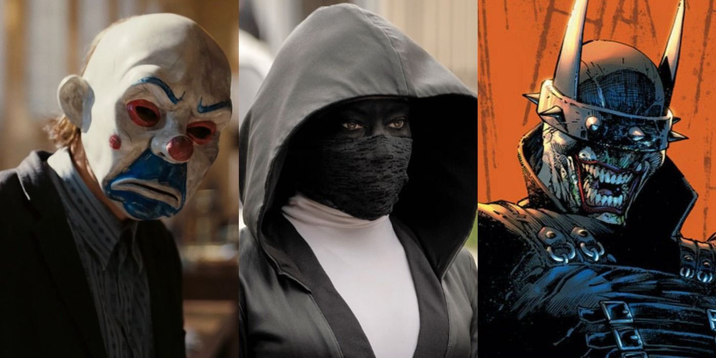 Split Image of Heath Ledgers Joker, Sister Night in Watchman and the Batman Who Laughs