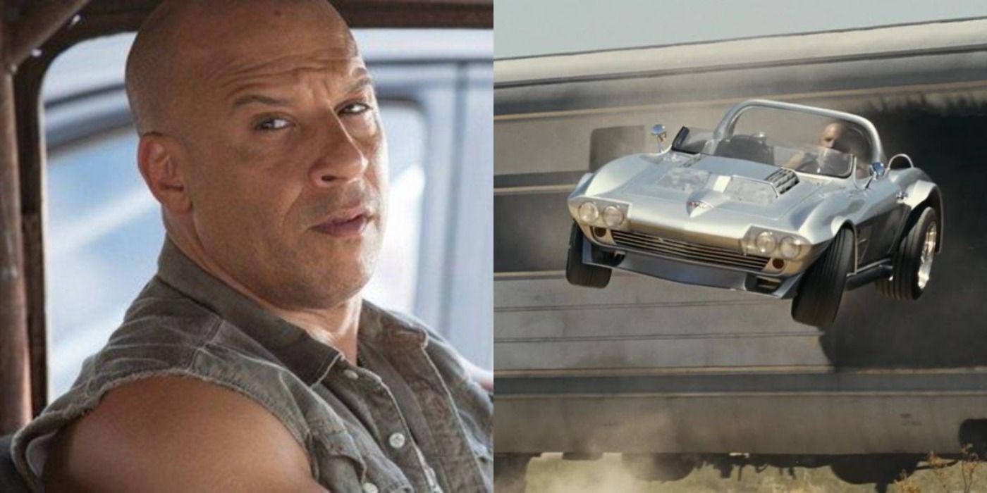 Split image: Dom Toretto drives his car/ Dom launches his car in the air