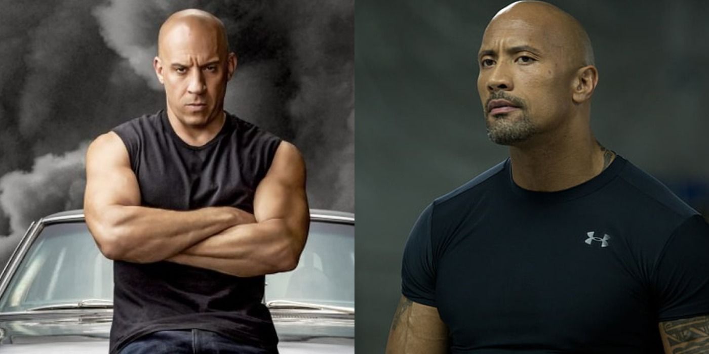Split image: Dom Toretto folds his hands and leans on his car/ Luke Hobbs looks curious