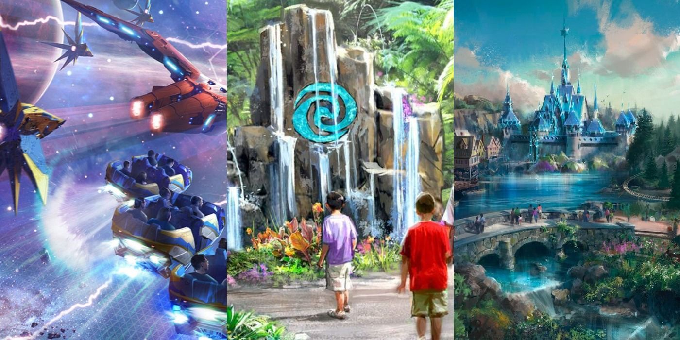 Split image of Guardians of the Galaxy, Moana and Frozen attractions at Disney Parks Feature
