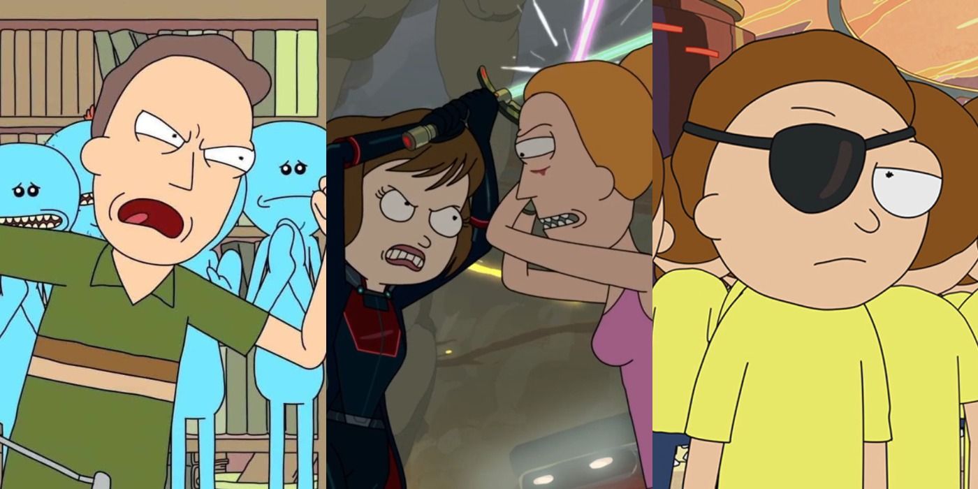 Split image of Jerry, Tammy, Summer and Evil Morty in Rick and Morty Weaknesses Feature
