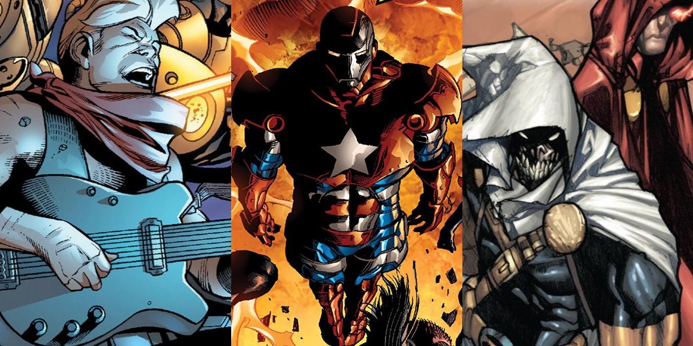 Split image of The Initiative, Iron Patriot and Taskmaster and Hood Norman Osborn Marvel Feature