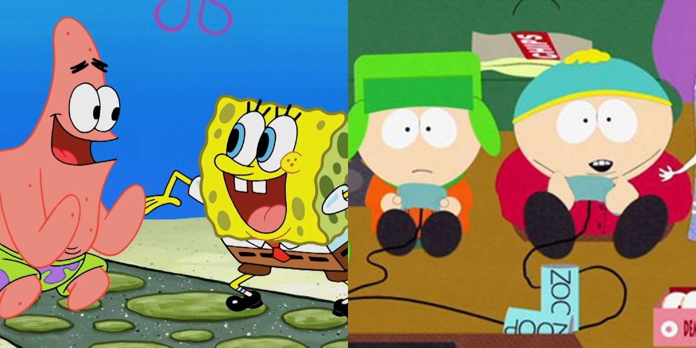 Split image SpongeBob and Patrick look excited and Kyle and Cartman play video games South Park