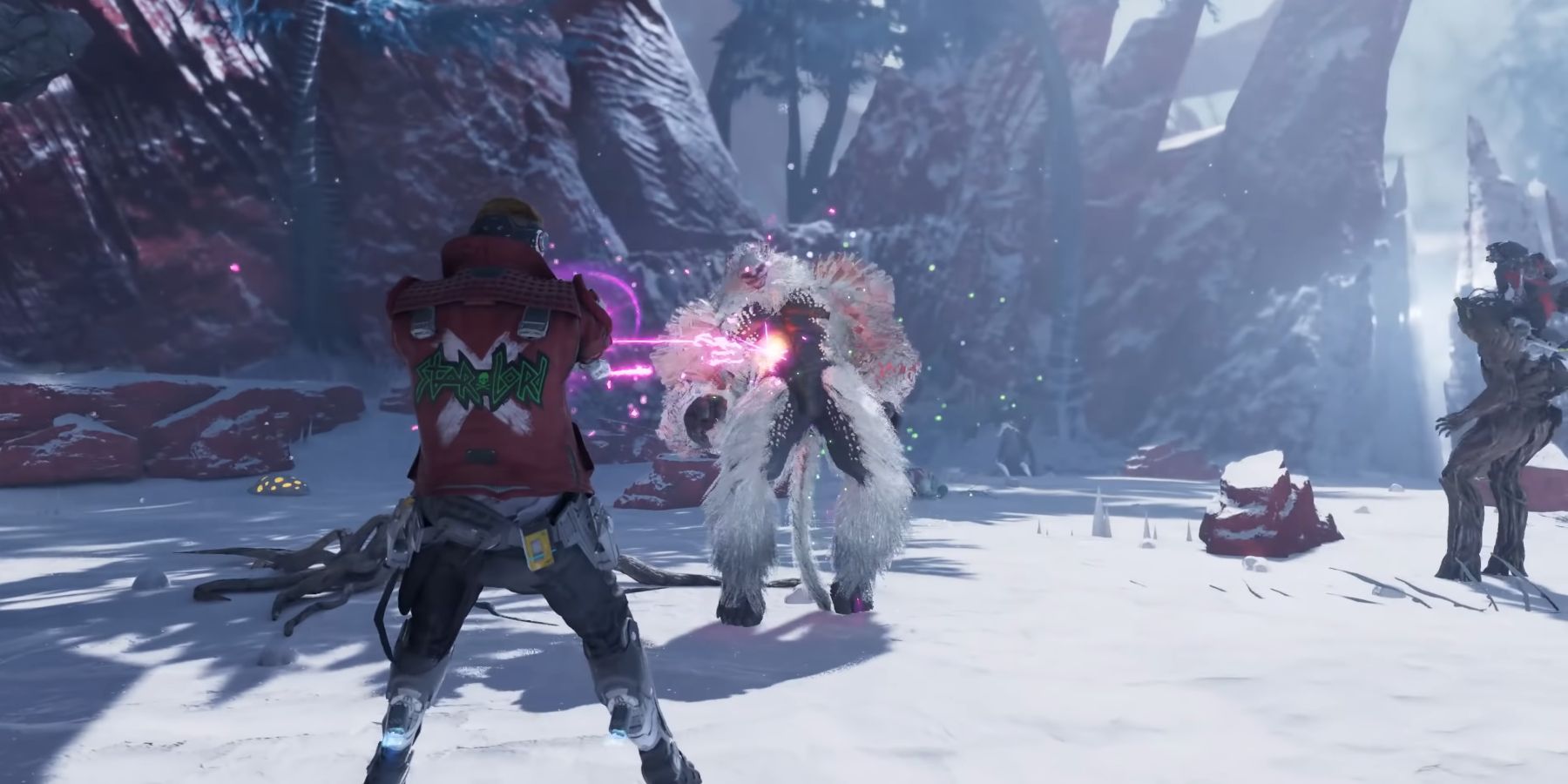Star-Lord and Groot battling a snow monster in Marvel’s Guardians of the Galaxy