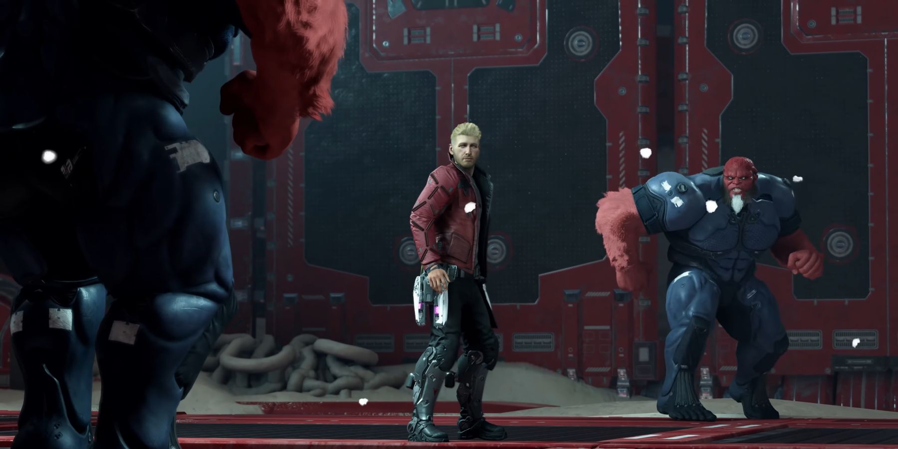 Star-Lord being pincered by the Blood Brothers in Marvel’s Guardians Of The Galaxy