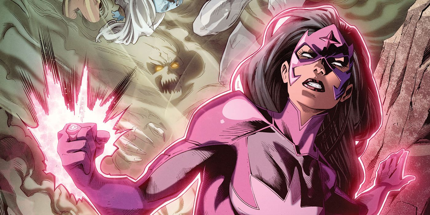 Star Sapphire clenches her fist with pink energy surrounding her in a DC comic.