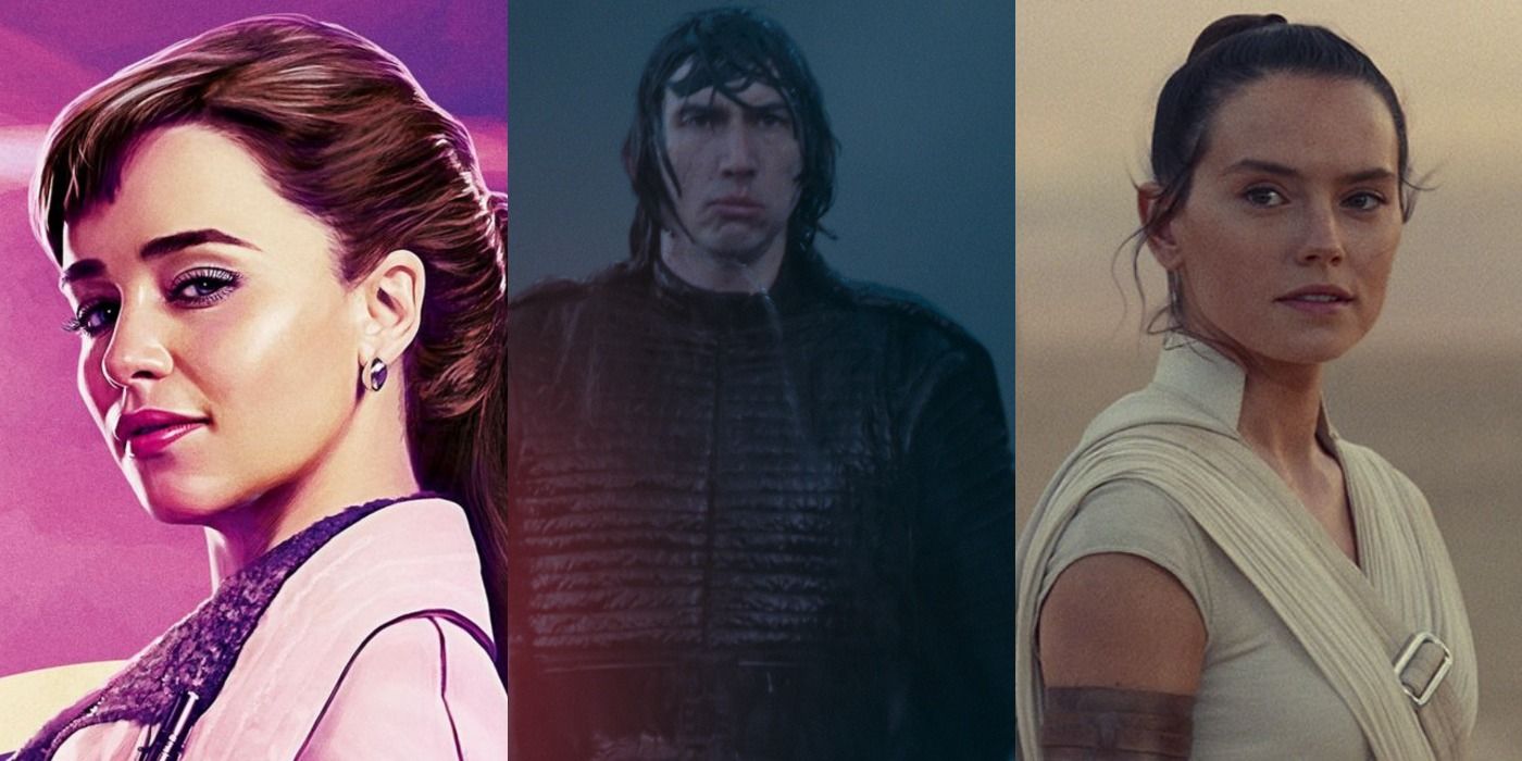 Split image of QI'ra, Kylo Ren, and Rey from Star Wars