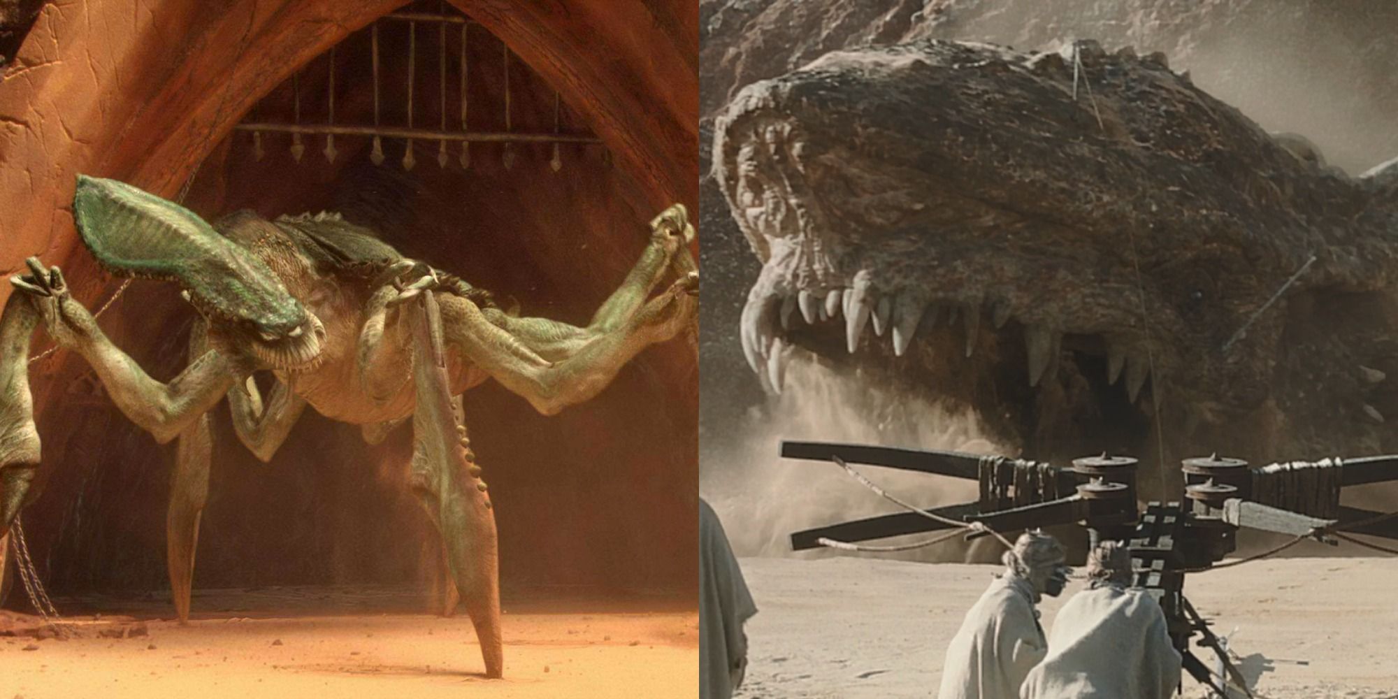 Split image depicting two monsters from the Star Wars universe, Nexu and the Greater Krayt Dragon