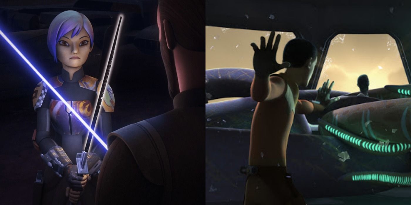 Split image of Star Wars Rebels characters Sabine Wren and Ezra Bridger