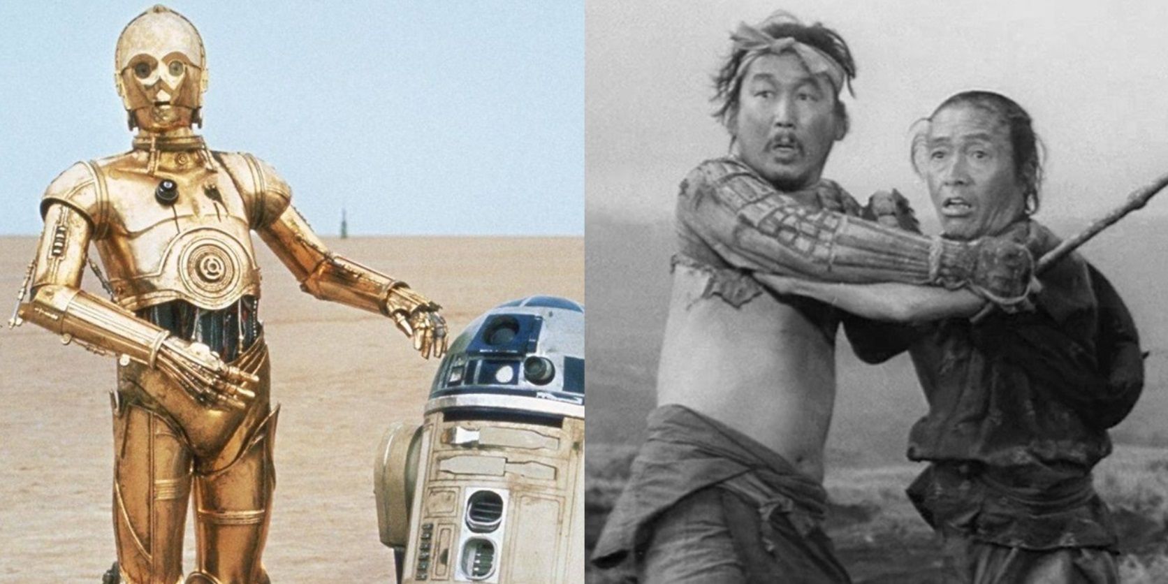 Split image of characters from Star Wars and Akira Kurosawa and the Hidden Fortress.