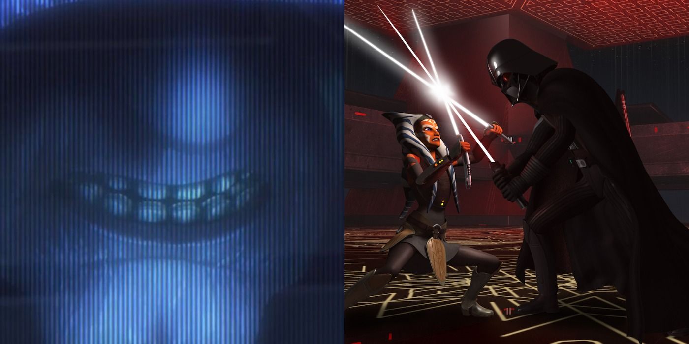 Split image of a closeup of Darth Sidious's face and Ahsoka fighting Darth Vader with lightsabers