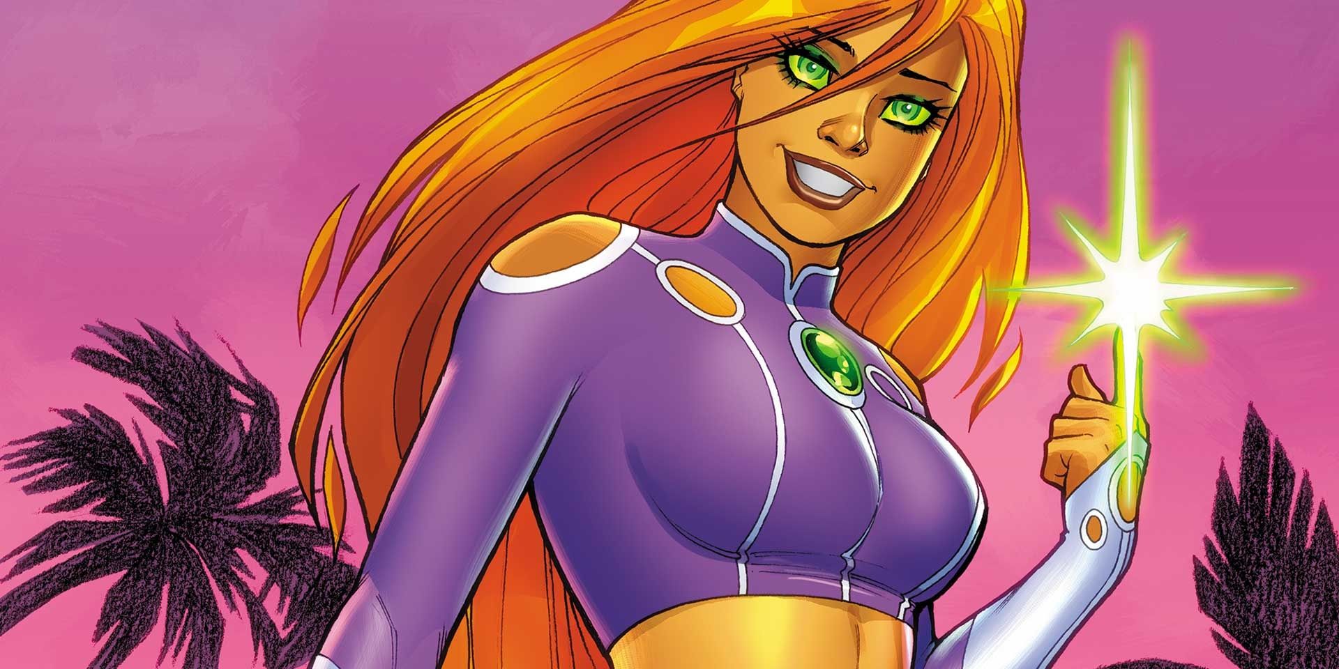 Starfire smiling and holding a shinning star in DC Comics