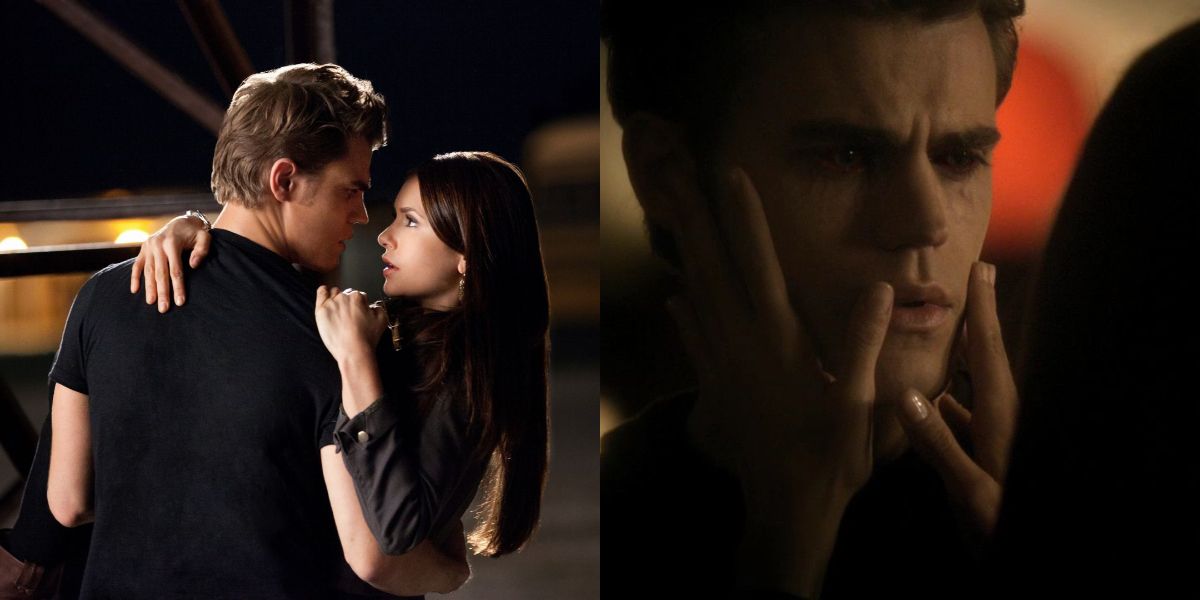 Elena cradles Stefan's vampire face in The Vampire Diaries 