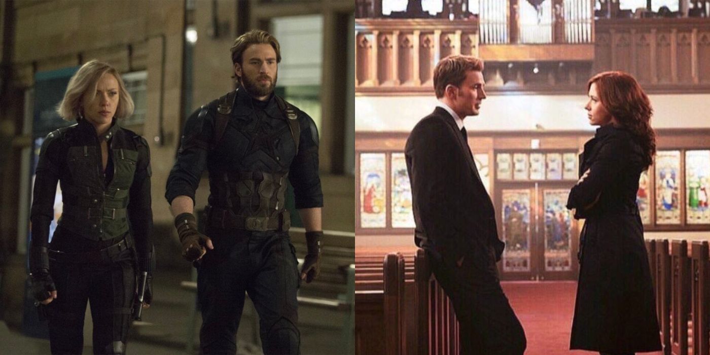Steve and Natasha in Infinity War and at Peggy's funeral side by side images