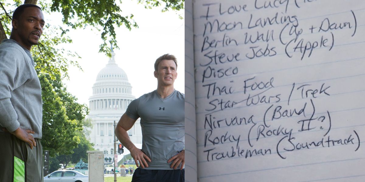 Steve and Sam first encounter, Steve's notebook in Captain America: The Winter Soldier