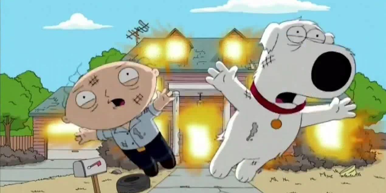Stewie and Brian dive from an explosion in Family Guy.