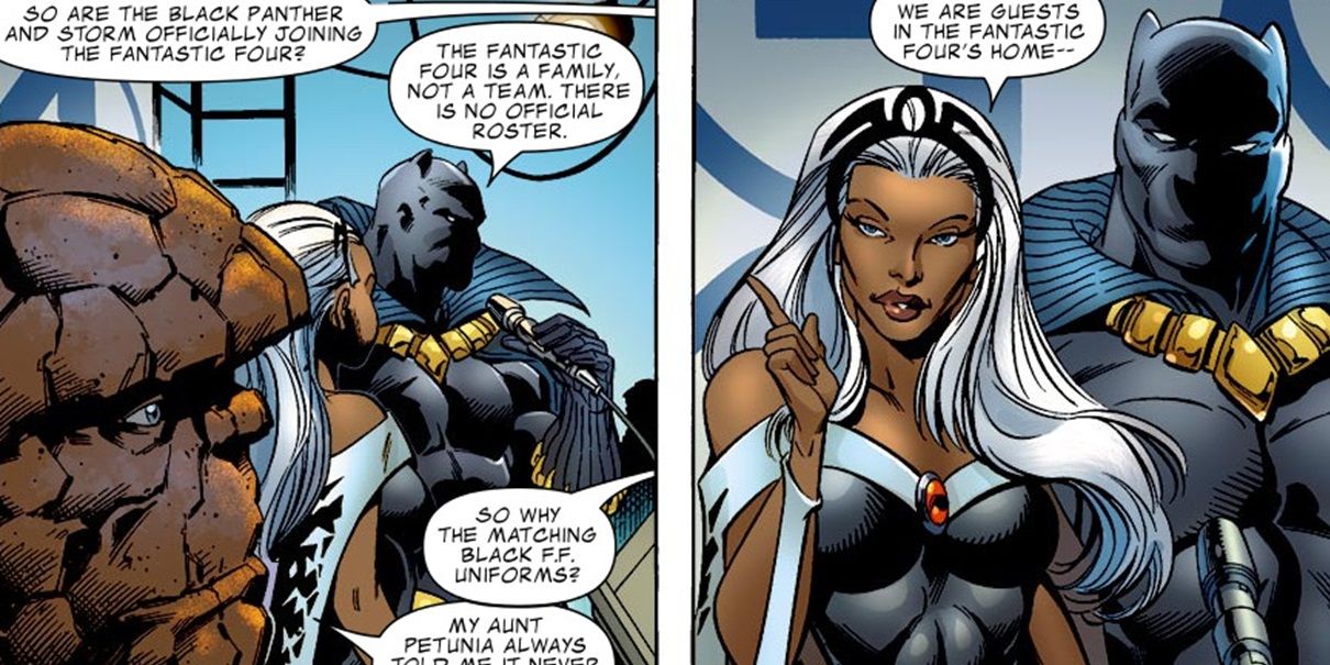 Storm, Black Panther, and the Thing have a conversation in a Fantastic Four comic.