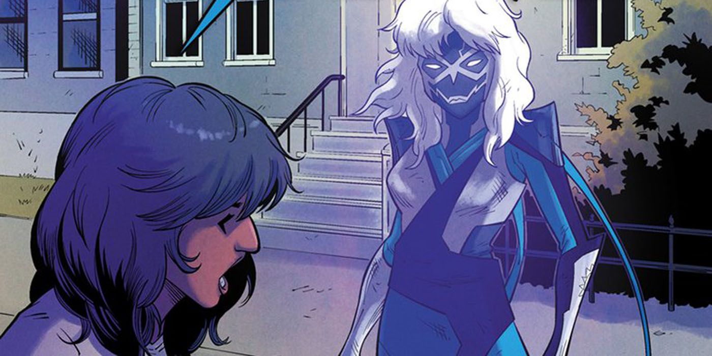 Stormranger approaches Ms Marvel in Marvel Comics.