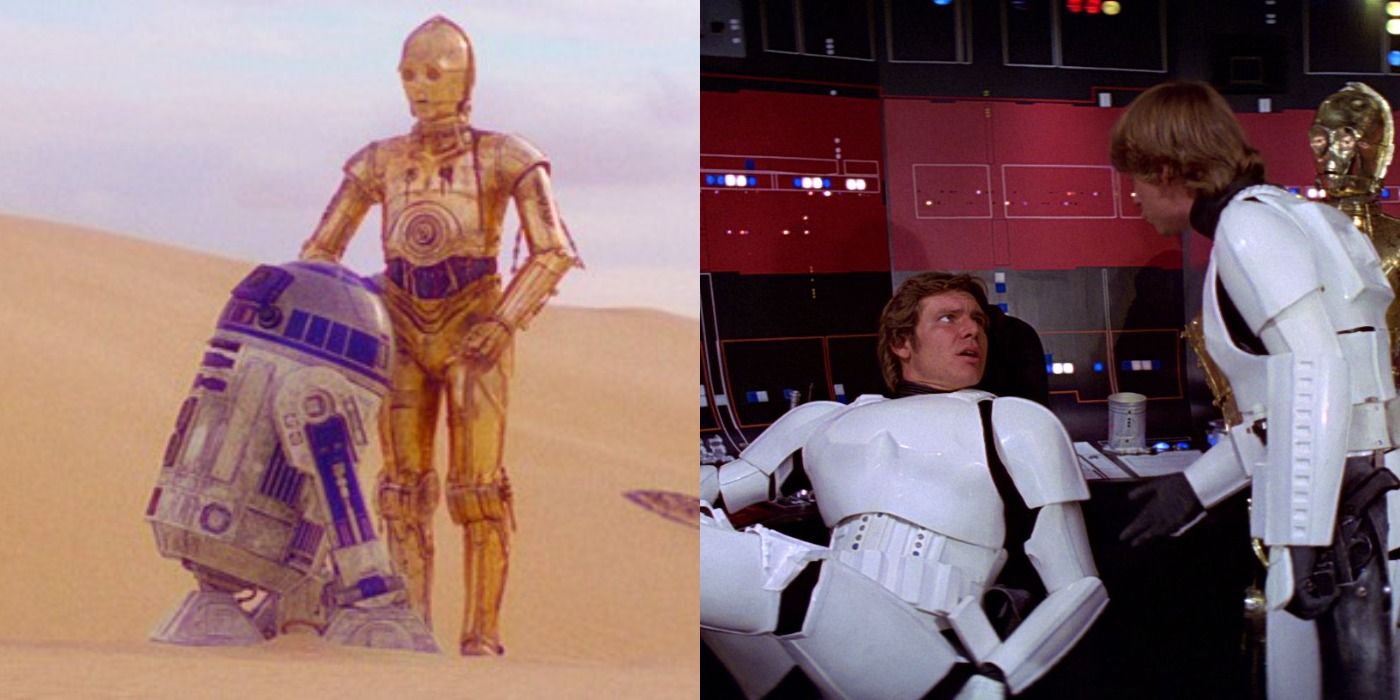 R2D2 and C3po and an image of Han and Luke