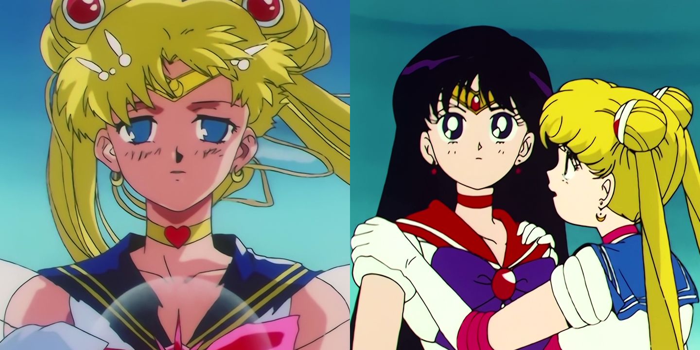 Super Sailor Moon holds baby Hotaru and Moon tries to stop Mars from leaving in episode 125 and 45