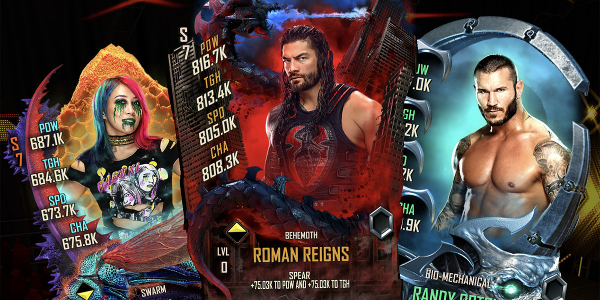 Asuka, Roman Reigns, and Randy Orton cards in Supercard