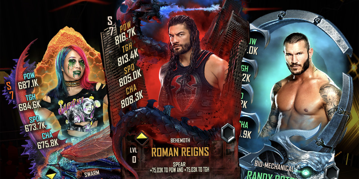 Cards of Asuka, Roman Reigns and Randy Orton in Supercard