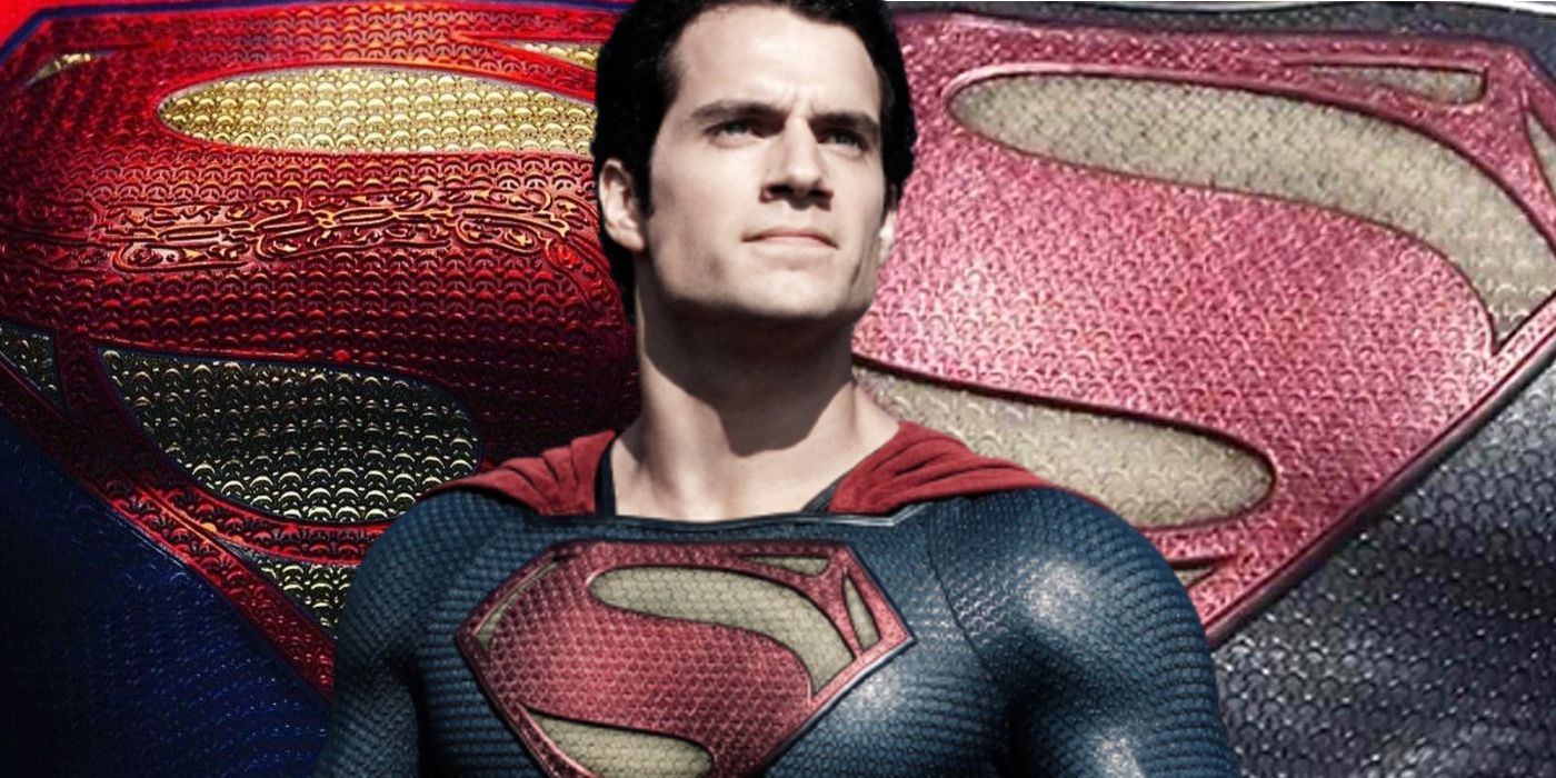 Superman stands in a medium shot in front of a close-up of his iconic logo