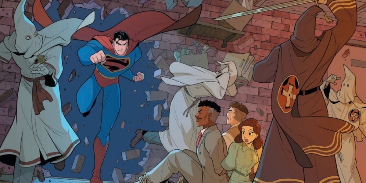 Superman breaks a wall and disrupts a KKK meeting