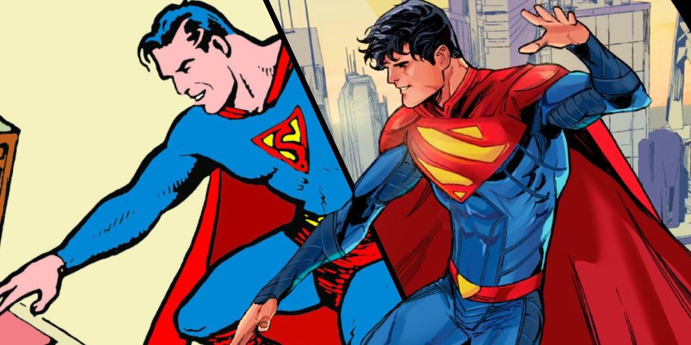 Split image showing Superman and Jon Kent doing a similar pose in DC Comics