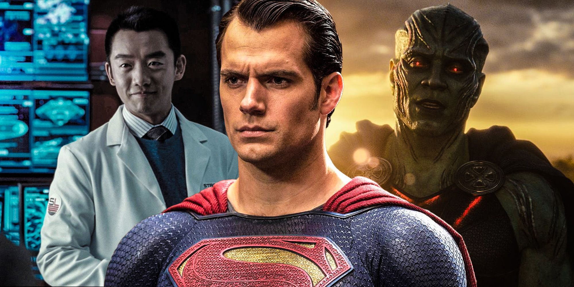 Blended image of Superman The atom Ryan Choi Martian Manhunter justice league members DCEU
