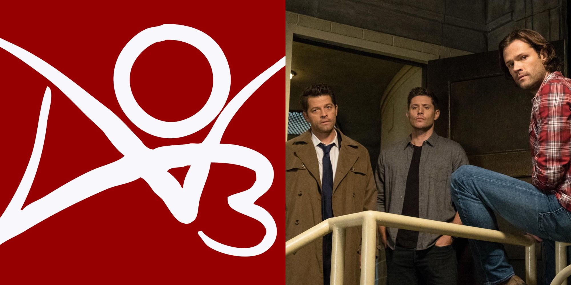 Split image of the AO3 Symbol and Dean, Cas and Sam from Supernatural