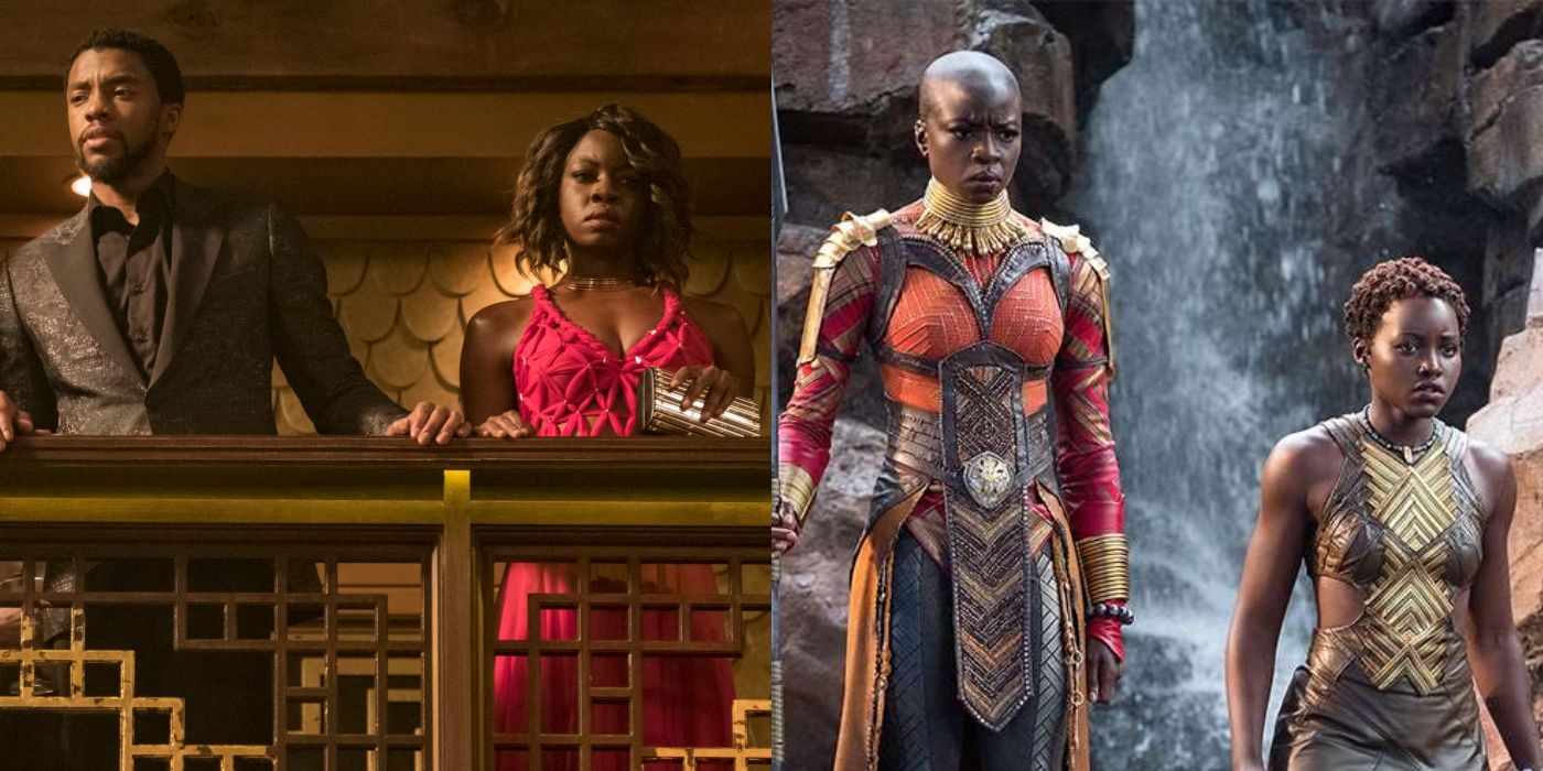 T'Challa and Okoye in the club and Okoye and Nakia in Wakanda in Black Panther