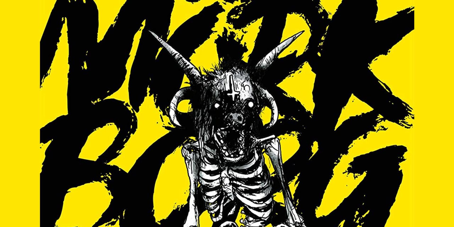 Mork Borg written in black on yellow background with creepy skeletal drawn creature with horns and upside down cross on its head in front.