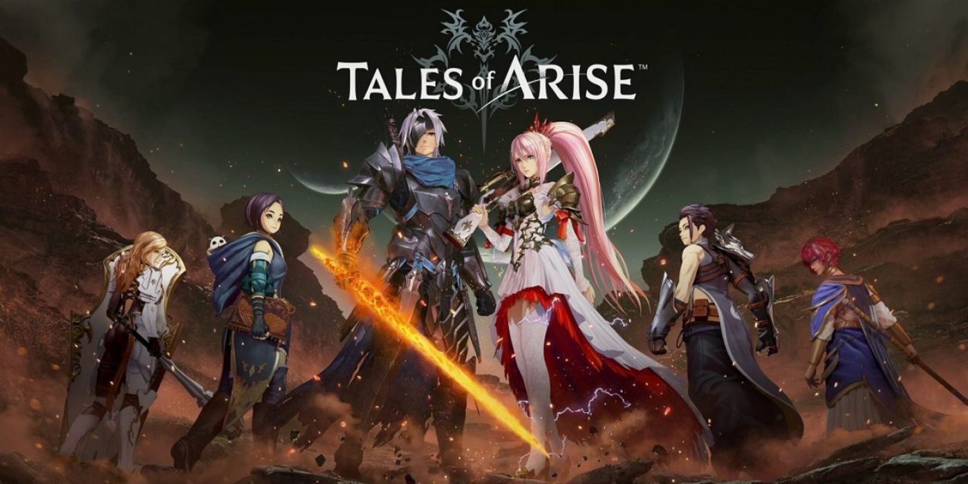 Under the Tales of Arise logo, a blue and a pink protagonist pose with swords.
