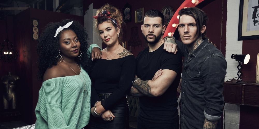 Paisley, Sketch, Jay &amp; Alice posing for a scene in Tattoo Fixers