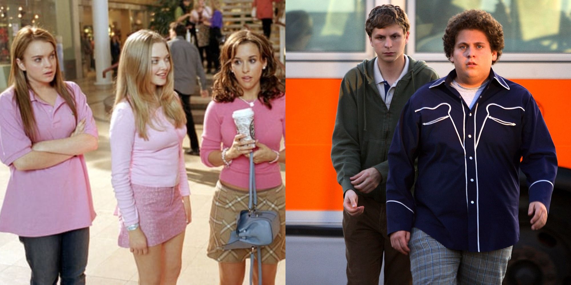 Split image showing Cady, Karen, and Gretchen at the mall, and Evan and Seth walking