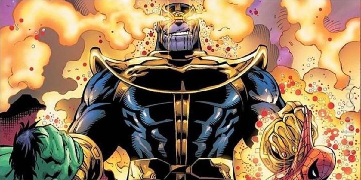 Thanos beats the Avengers and holds the Hulk and Spider-Man