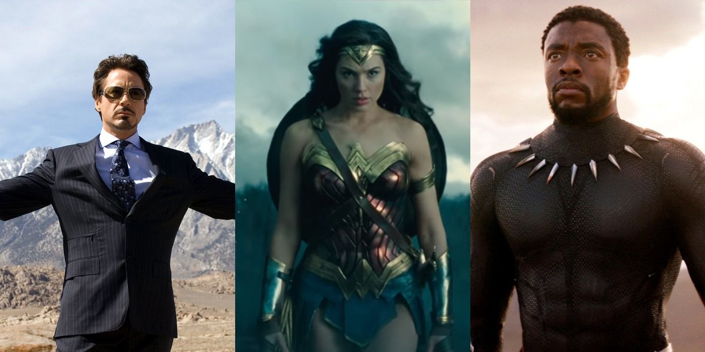 Robert Downey Jr in Iron Man, Gal Gadot in Wonder Woman, and Chadwick Boseman in Black Panther