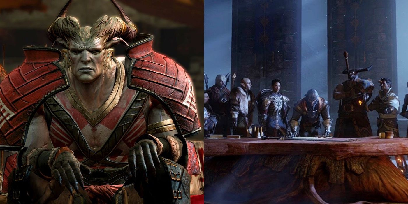 The Arishok from Dragon Age 2 next to image of characters from Dragon Age_ Inquisition