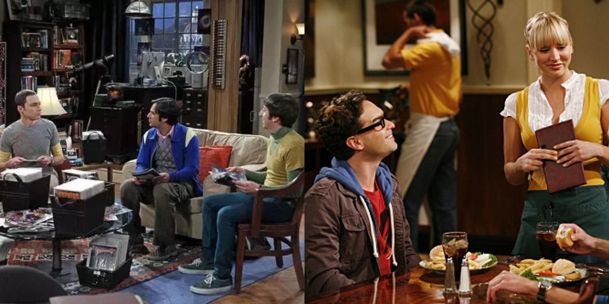 A split image of the gang at Leonard and Sheldon's apartment, and Leonard and Penny talking at the Cheesecake Factory in The Big Bang Theory