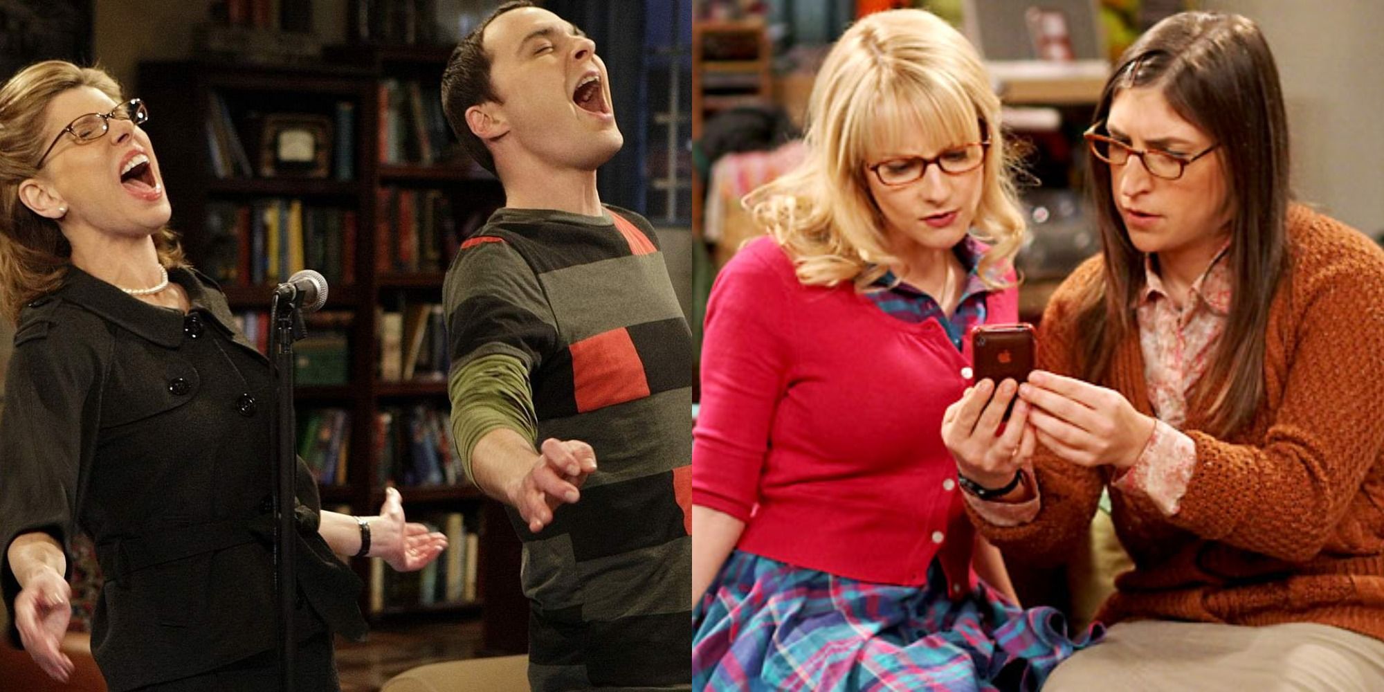 Split image depicting Sheldon and Beverly singing, anf Bernadette and Amy looking at a cellphone
