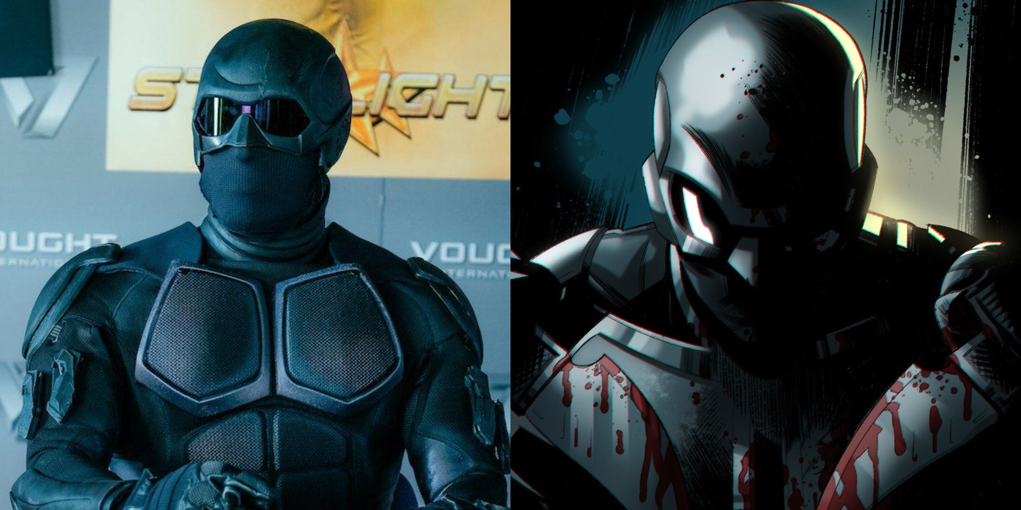 Split image depicting Black Noir in The Boys, and a piece of fanart of the character